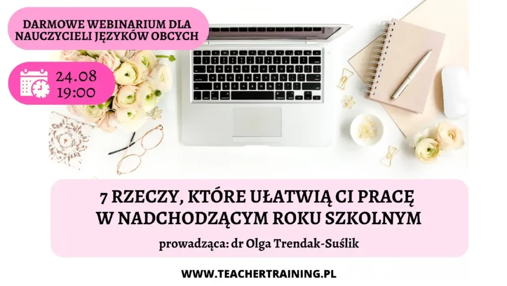 biały laptop, zaproszenie na webinarium dla nauczycieli języków obcych